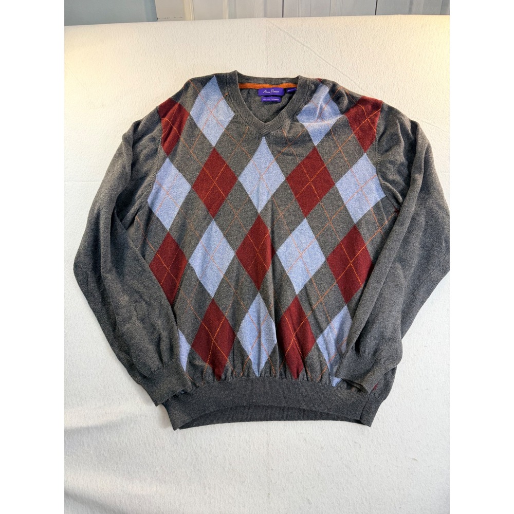 Alan Flusser Mens Argyle V-Neck Sweater Grey Blue Red Cotton Cashmere Large